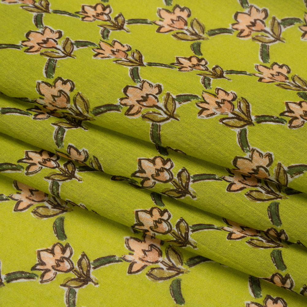 Crinkled Cotton Gauzy Woven Print - Lime Green and Pink Floral Lattice - Mood Exclusive Tulip Trellis Folded Crinkled Cotton Gauzy Woven Print - Lime Green and Pink Floral Lattice - Mood Exclusive Tulip Trellis Folded