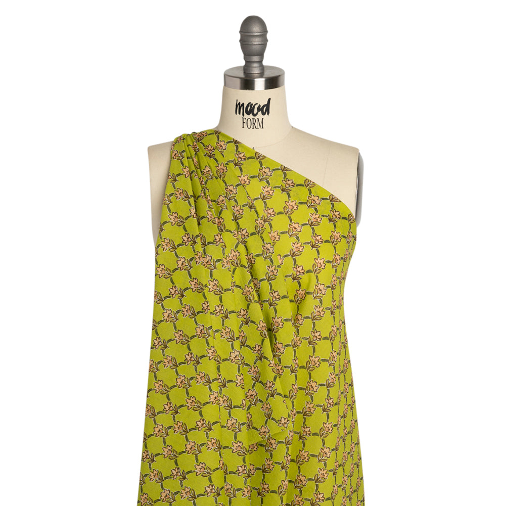 Crinkled Cotton Gauzy Woven Print - Lime Green and Pink Floral Lattice - Mood Exclusive Tulip Trellis Drape Crinkled Cotton Gauzy Woven Print - Lime Green and Pink Floral Lattice - Mood Exclusive Tulip Trellis Drape