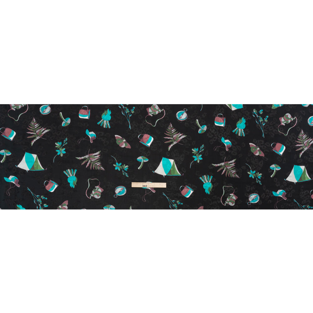 Floral Viscose Jacquard Print - Black, Blue and Red Camping Icons - Mood Exclusive Friend of Fern Drape Floral Viscose Jacquard Print - Black, Blue and Red Camping Icons - Mood Exclusive Friend of Fern Drape