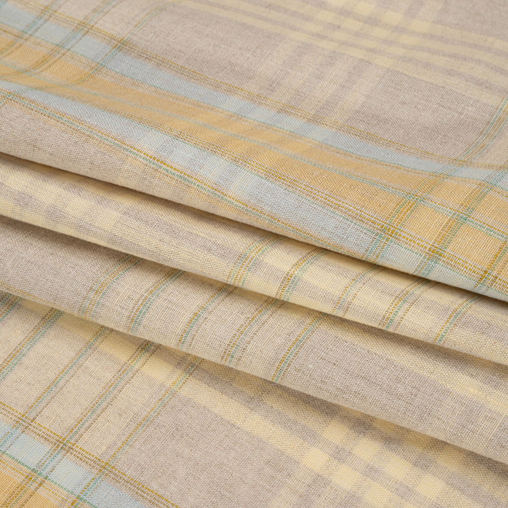 Oatmeal, Pale Yellow and Baby Blue Plaid Lightweight Linen Woven Folded Oatmeal, Pale Yellow and Baby Blue Plaid Lightweight Linen Woven Folded