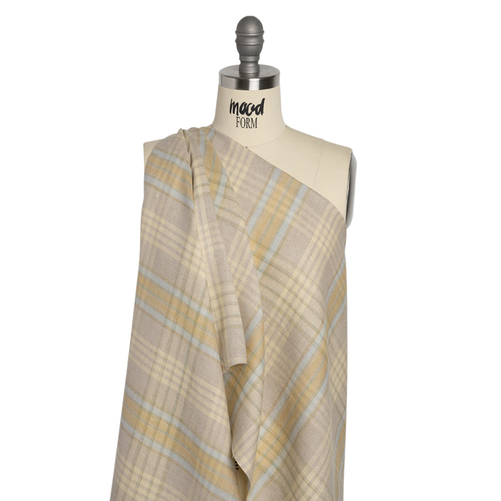 Oatmeal, Pale Yellow and Baby Blue Plaid Lightweight Linen Woven Drape Oatmeal, Pale Yellow and Baby Blue Plaid Lightweight Linen Woven Drape