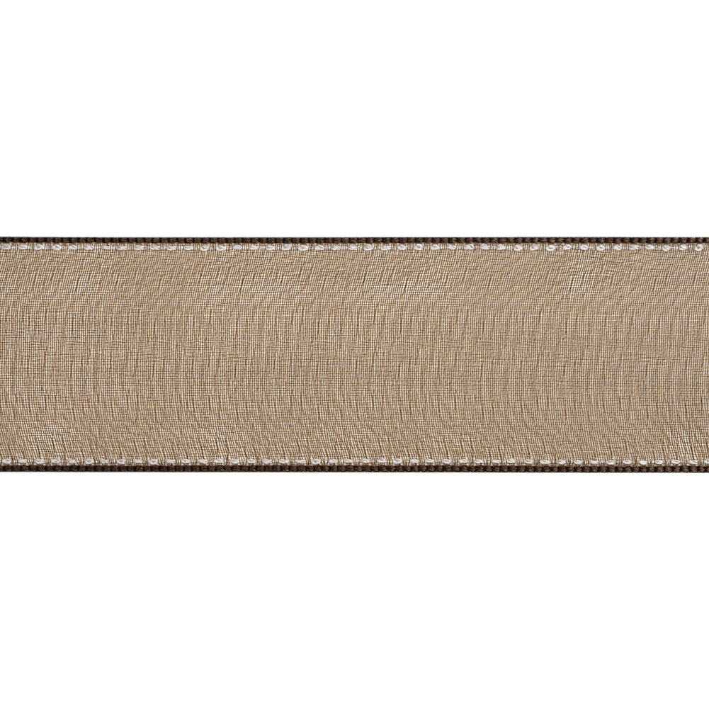 Sheer Ribbon with White Stitched Border - 1.625" - Brown - Folded Sheer Ribbon with White Stitched Border - 1.625" - Brown - Folded