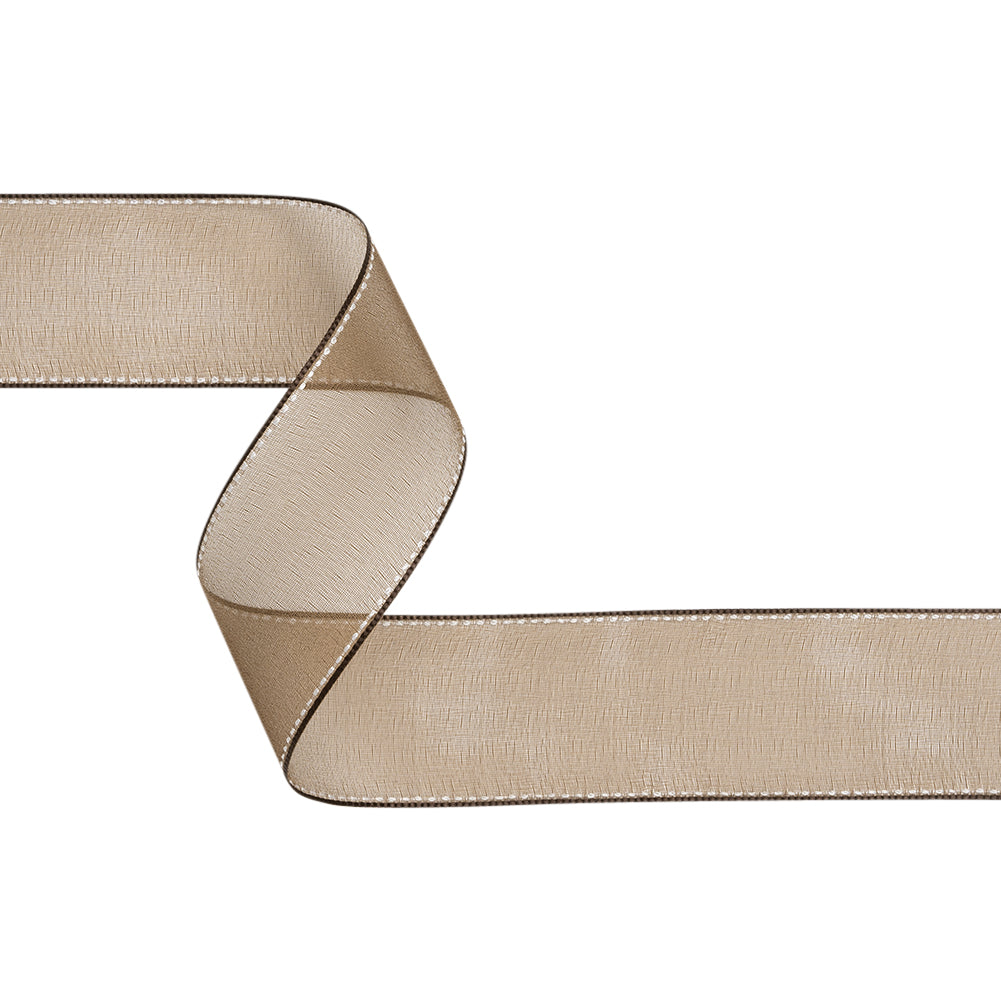 Sheer Ribbon with White Stitched Border - 1.625" - Brown Sheer Ribbon with White Stitched Border - 1.625" - Brown
