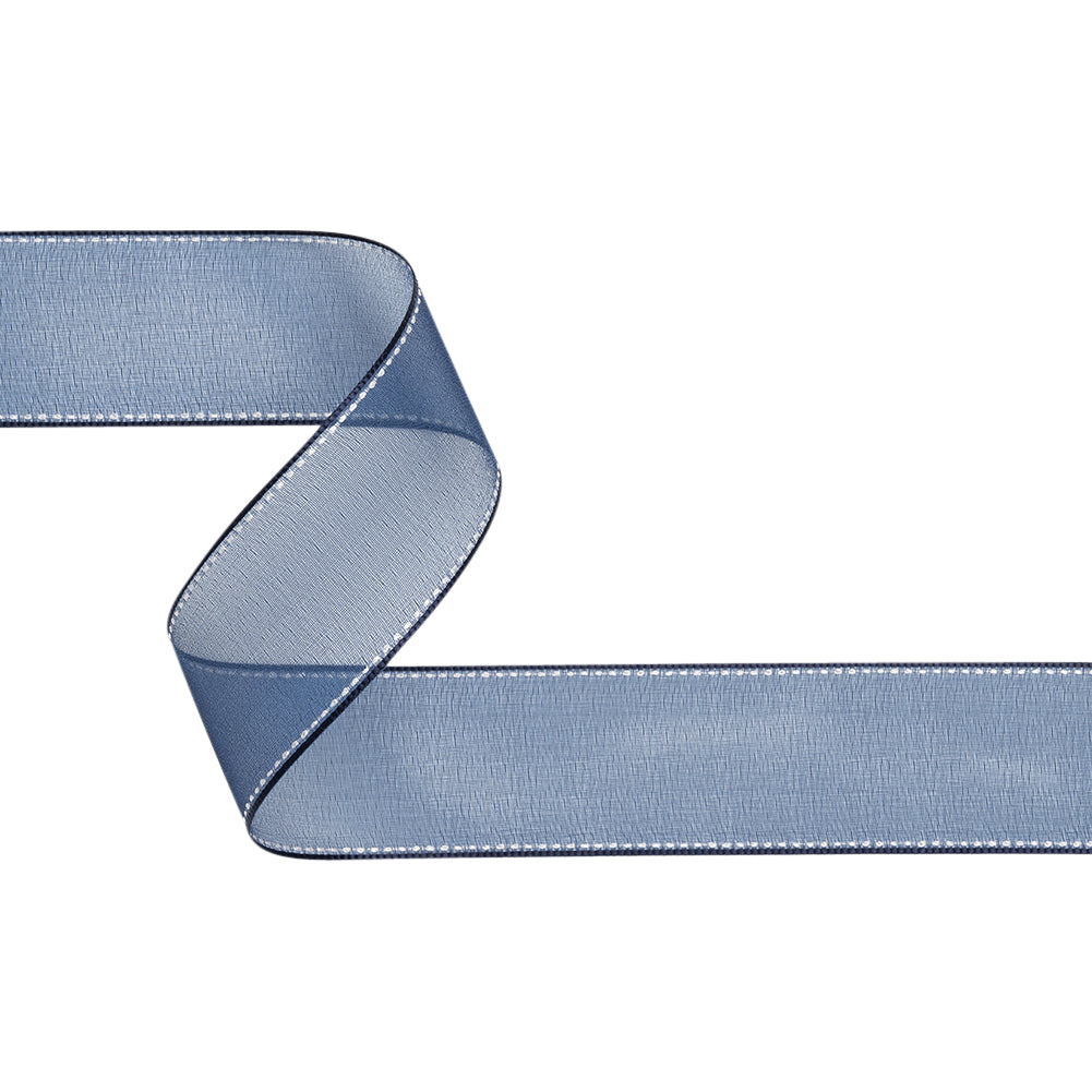 Sheer Ribbon with White Stitched Border - 1.5" - Navy Sheer Ribbon with White Stitched Border - 1.5" - Navy