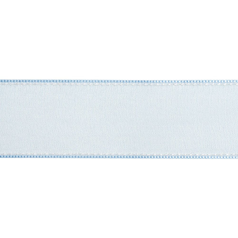 Sheer Ribbon with White Stitched Border - 1.5" - Baby Blue - Folded Sheer Ribbon with White Stitched Border - 1.5" - Baby Blue - Folded