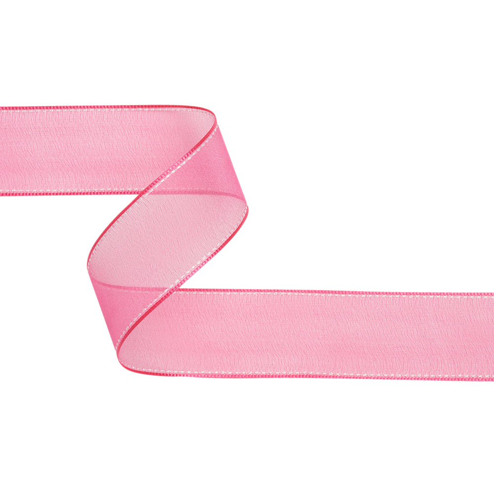 Sheer Ribbon with White Stitched Border - 1.5" - Fuchsia Sheer Ribbon with White Stitched Border - 1.5" - Fuchsia