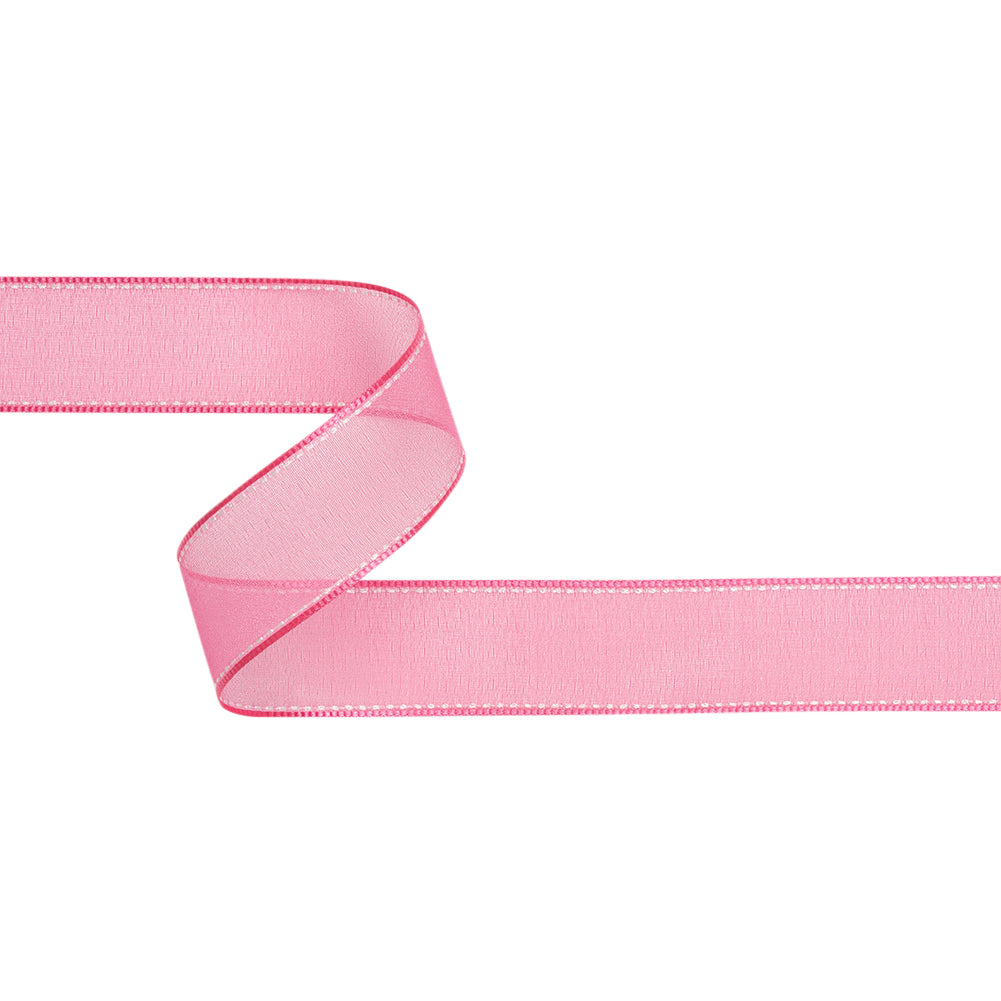 Sheer Ribbon with White Stitched Border - 1" - Fuchsia Sheer Ribbon with White Stitched Border - 1" - Fuchsia