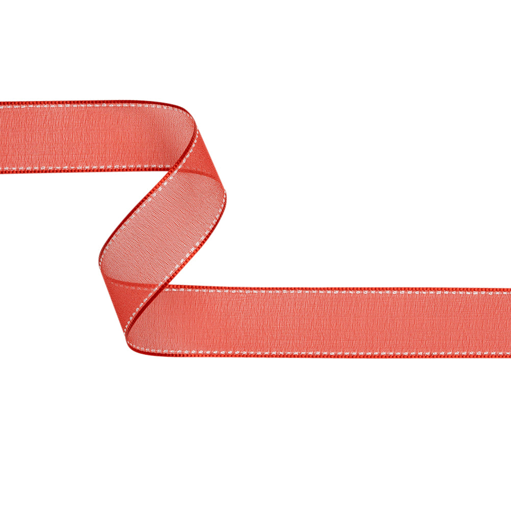 Sheer Ribbon with White Stitched Border - 1" - Red Sheer Ribbon with White Stitched Border - 1" - Red