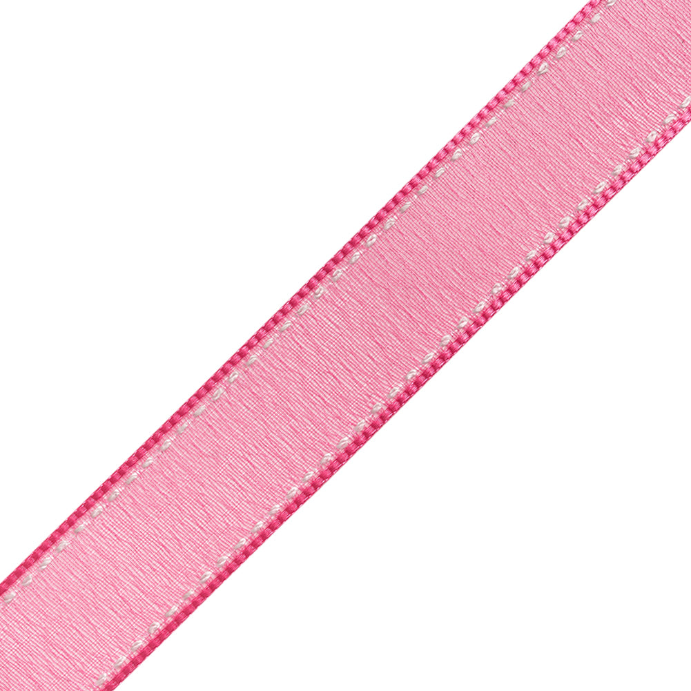 Sheer Ribbon with White Stitched Border - 0.75" - Fuchsia - Folded Sheer Ribbon with White Stitched Border - 0.75" - Fuchsia - Folded