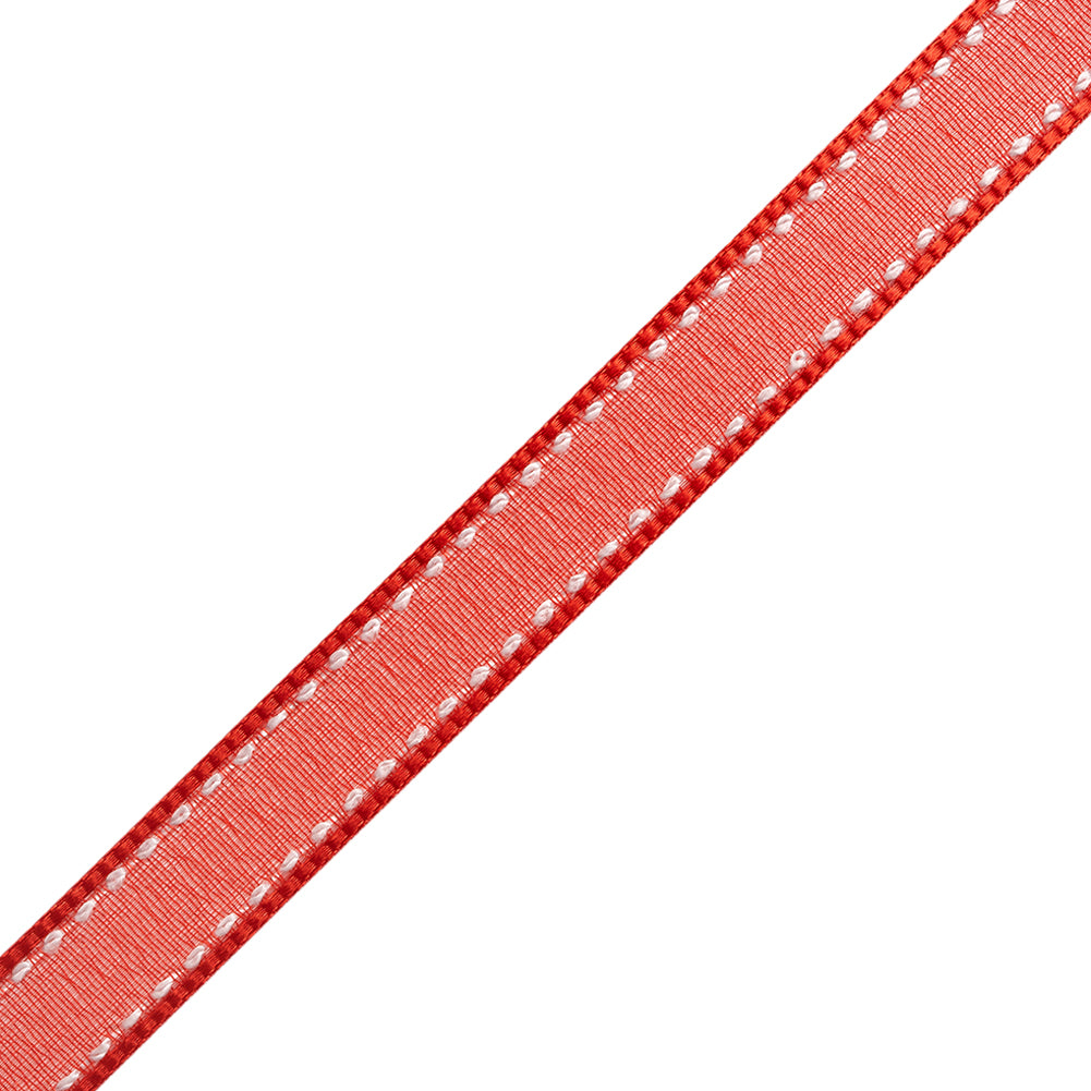 Sheer Ribbon with White Stitched Border - 0.5" - Red - Folded Sheer Ribbon with White Stitched Border - 0.5" - Red - Folded