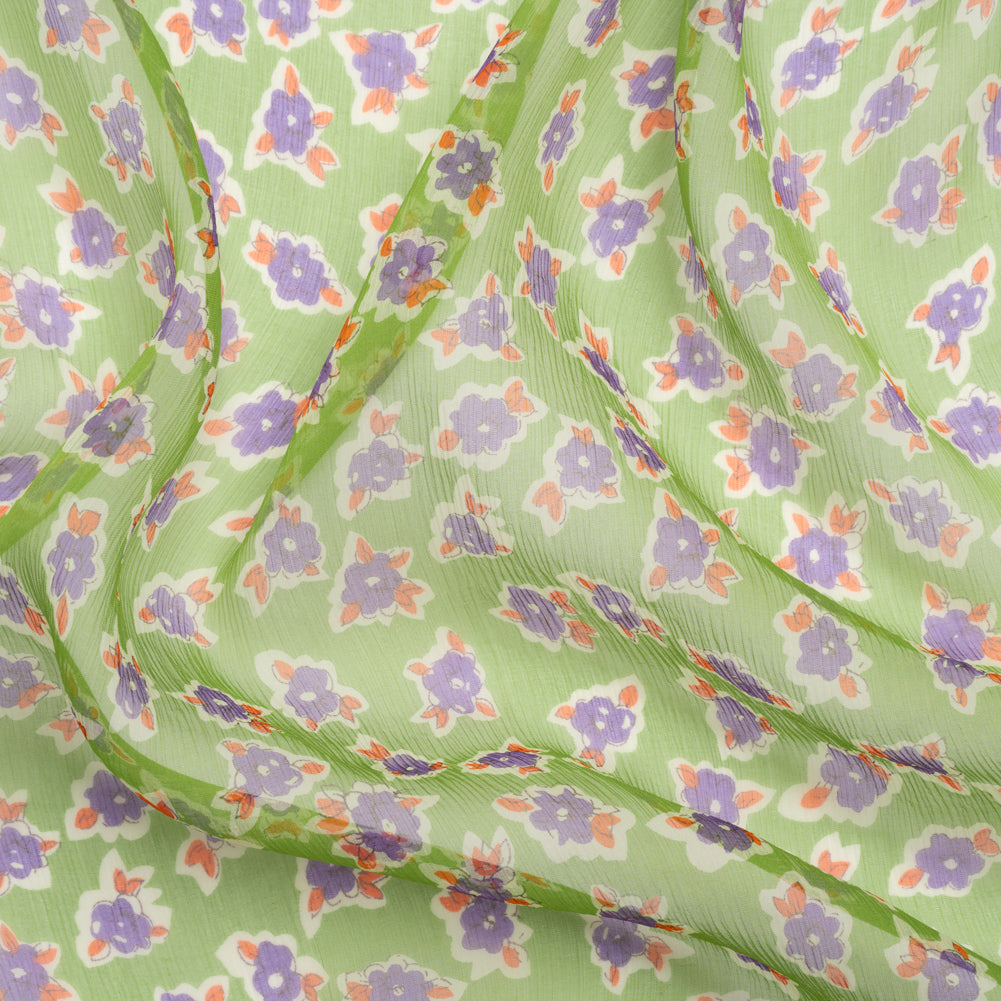 Green, Purple and Orange Little Flowers Crinkled Silk Chiffon Green, Purple and Orange Little Flowers Crinkled Silk Chiffon