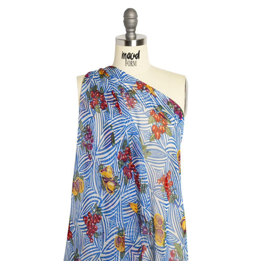 Blue, White, and Green Op Art Fruits Silk Chiffon Detail Blue, White, and Green Op Art Fruits Silk Chiffon Detail