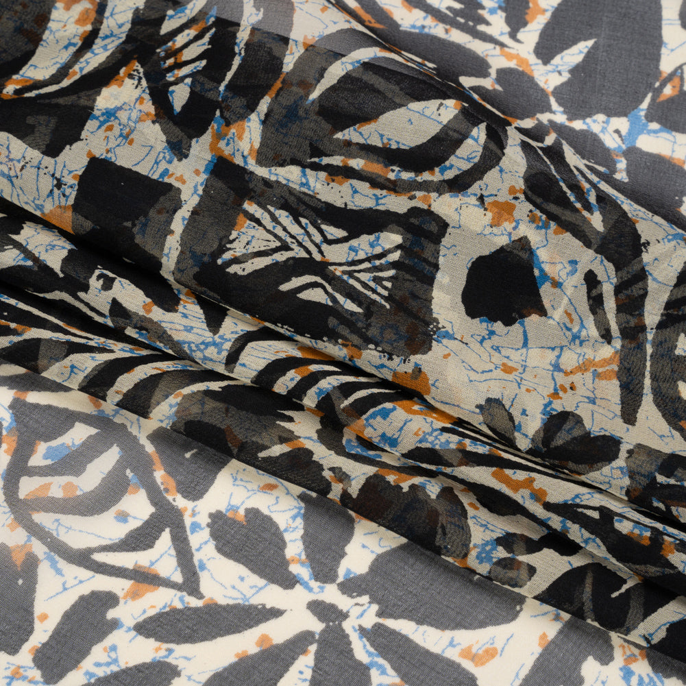 Blue, Orange and Black Wax Resist Floral Silk Chiffon Full Blue, Orange and Black Wax Resist Floral Silk Chiffon Full