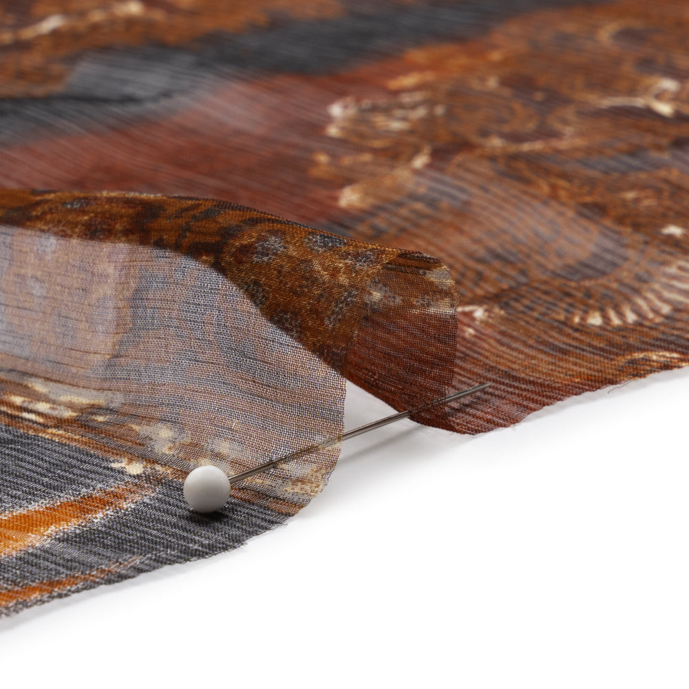 Brown, Rust and Black Decorated Stripes Crinkled Silk Chiffon Folded Brown, Rust and Black Decorated Stripes Crinkled Silk Chiffon Folded