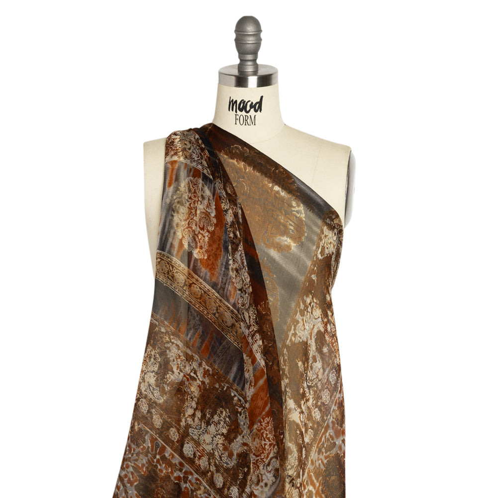 Brown, Rust and Black Decorated Stripes Crinkled Silk Chiffon Detail Brown, Rust and Black Decorated Stripes Crinkled Silk Chiffon Detail