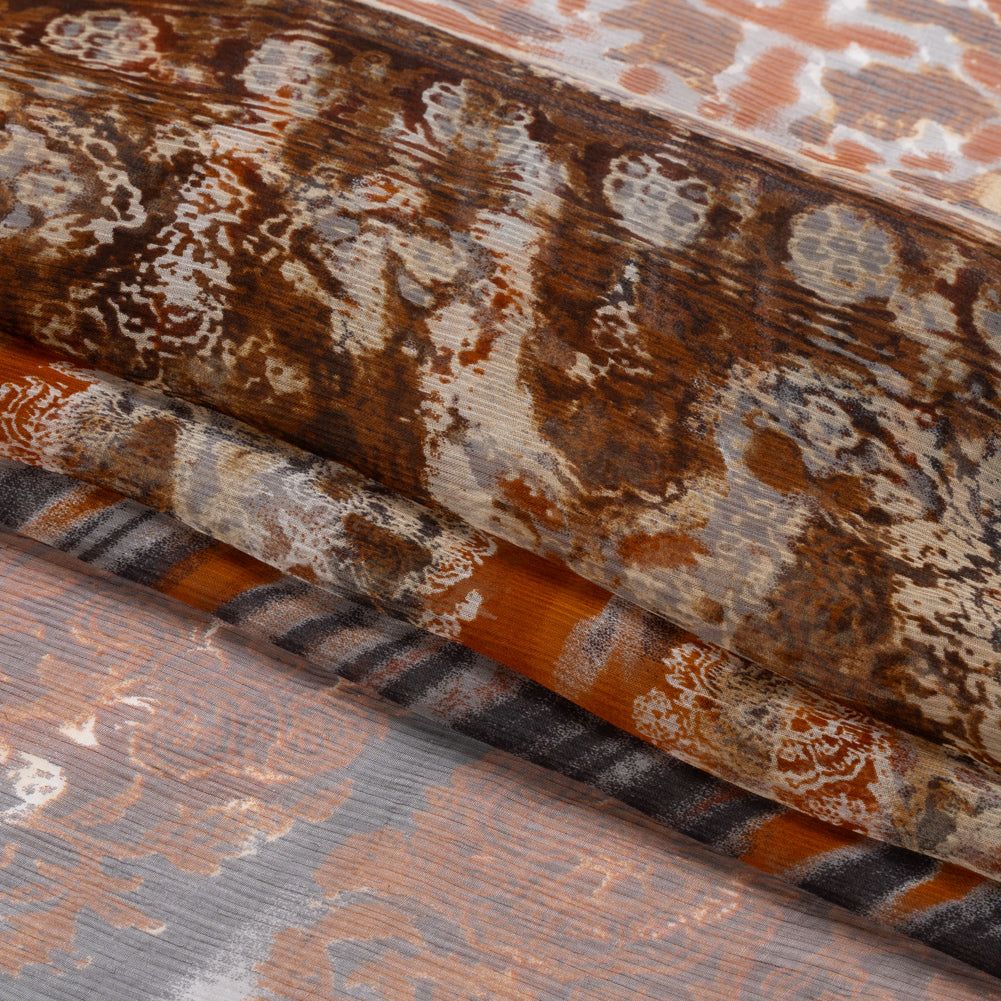 Brown, Rust and Black Decorated Stripes Crinkled Silk Chiffon Full Brown, Rust and Black Decorated Stripes Crinkled Silk Chiffon Full