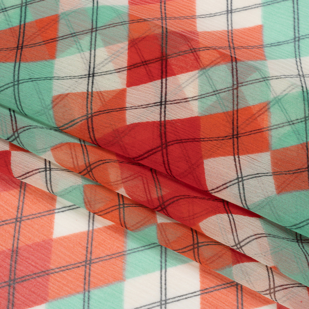 Red, Mint and Cream Argyle Crinkled Silk Chiffon Full Red, Mint and Cream Argyle Crinkled Silk Chiffon Full