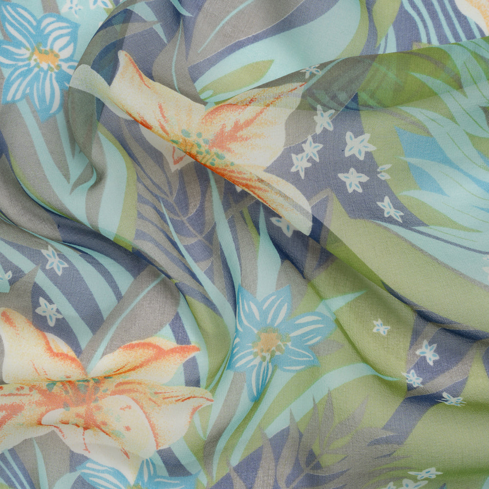 Blue, Green and Orange Tropical Flora Silk Chiffon Blue, Green and Orange Tropical Flora Silk Chiffon