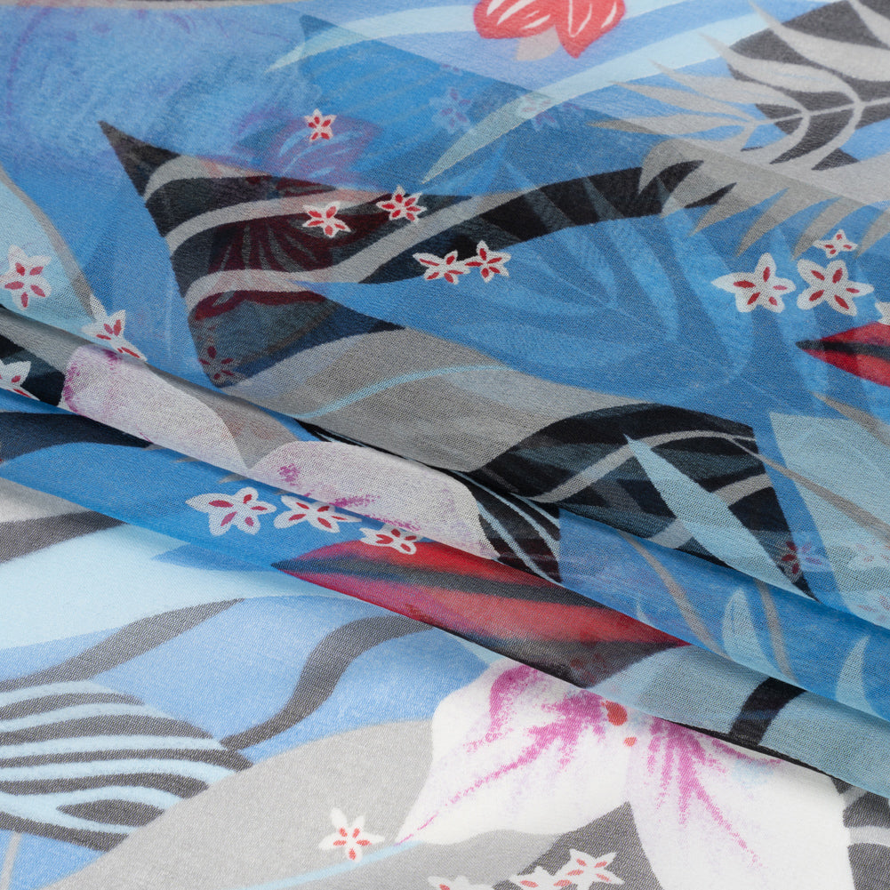 Blue, Black and Red Tropical Flora Silk Chiffon Full Blue, Black and Red Tropical Flora Silk Chiffon Full