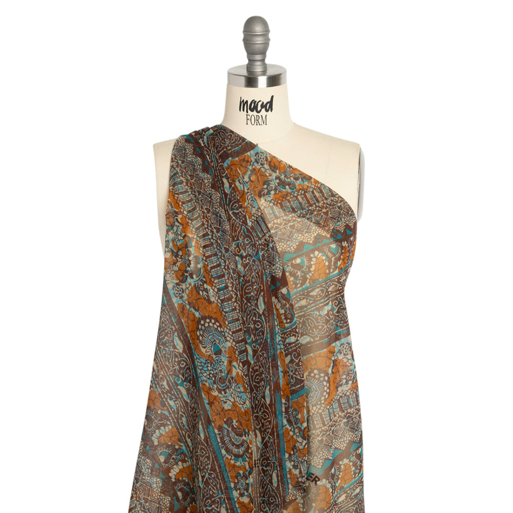 Brown, Orange and Teal Floral and Geometric Diagonal Stripes Silk Chiffon Detail Brown, Orange and Teal Floral and Geometric Diagonal Stripes Silk Chiffon Detail