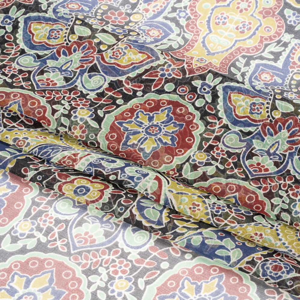 Lime, Blue and Black Floral Silk Chiffon Full Lime, Blue and Black Floral Silk Chiffon Full