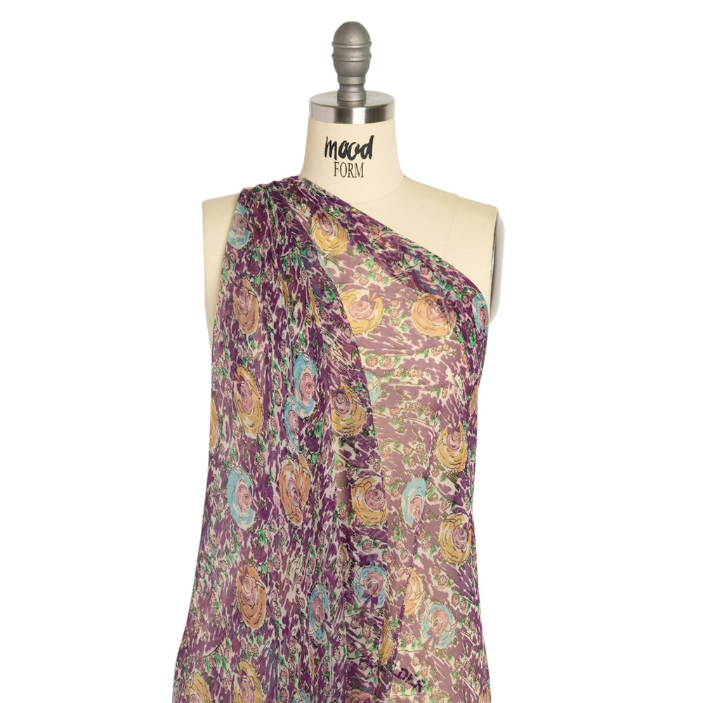 Plum, Beige and Sky Blue Garden Frolick Crinkled Silk Chiffon Detail Plum, Beige and Sky Blue Garden Frolick Crinkled Silk Chiffon Detail