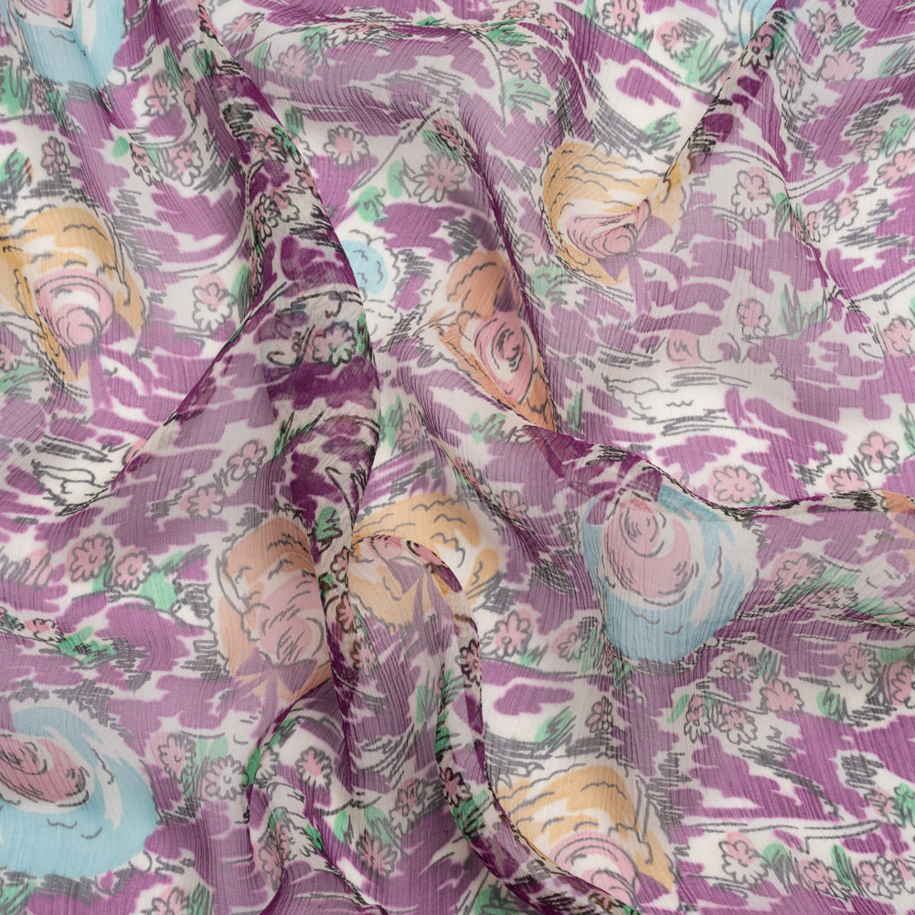 Plum, Beige and Sky Blue Garden Frolick Crinkled Silk Chiffon Plum, Beige and Sky Blue Garden Frolick Crinkled Silk Chiffon