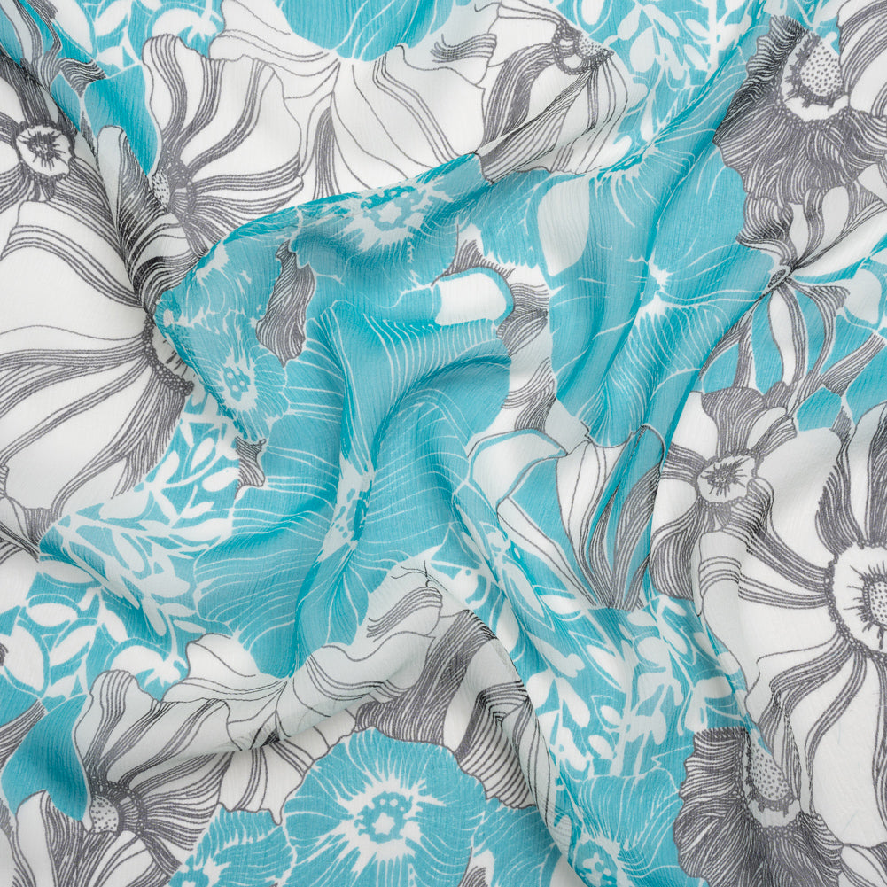 Turquoise, Black and White Tropical Floral Crinkled Silk Chiffon Turquoise, Black and White Tropical Floral Crinkled Silk Chiffon