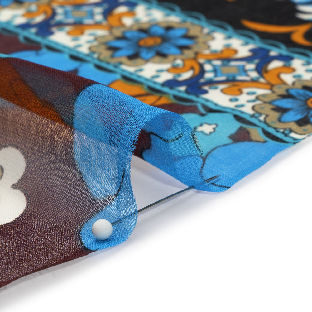 Blue, Orange and Aubergine Floral Stripes Silk Chiffon Folded Blue, Orange and Aubergine Floral Stripes Silk Chiffon Folded