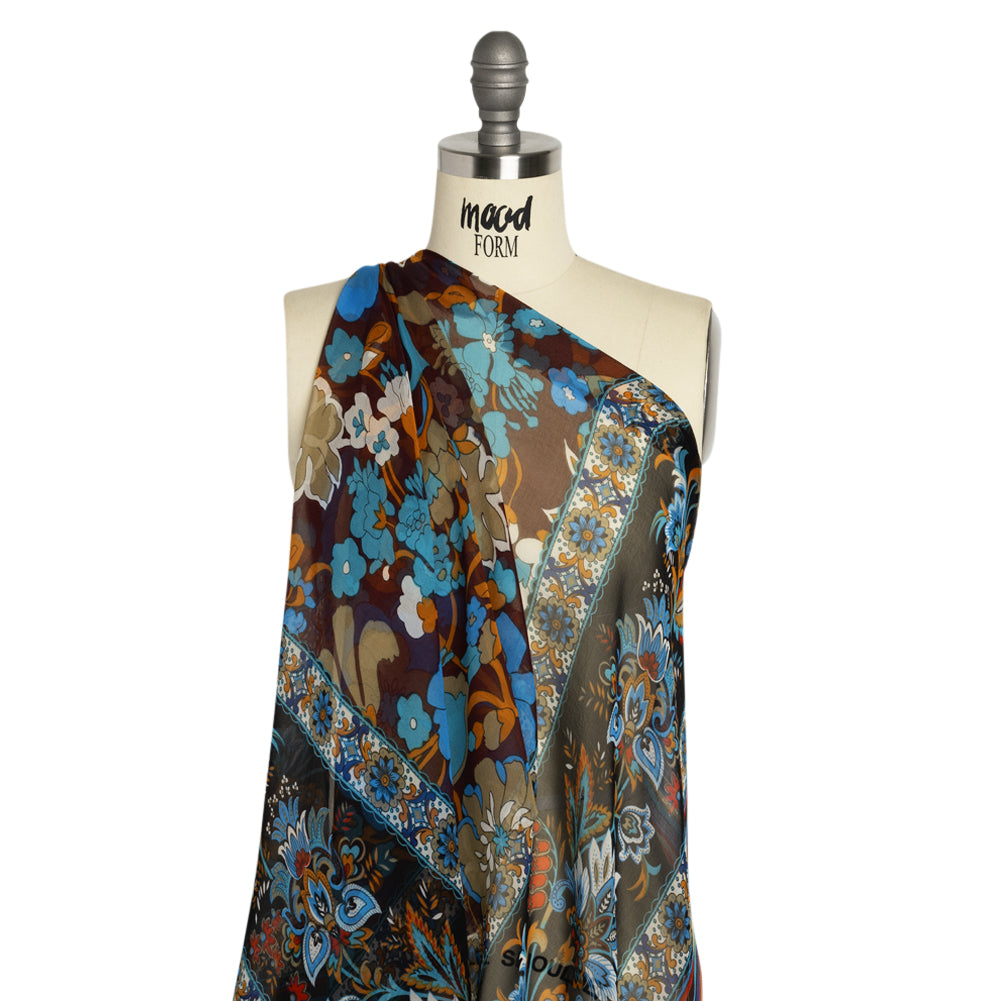 Blue, Orange and Aubergine Floral Stripes Silk Chiffon Detail Blue, Orange and Aubergine Floral Stripes Silk Chiffon Detail