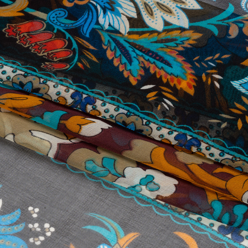Blue, Orange and Aubergine Floral Stripes Silk Chiffon Full Blue, Orange and Aubergine Floral Stripes Silk Chiffon Full