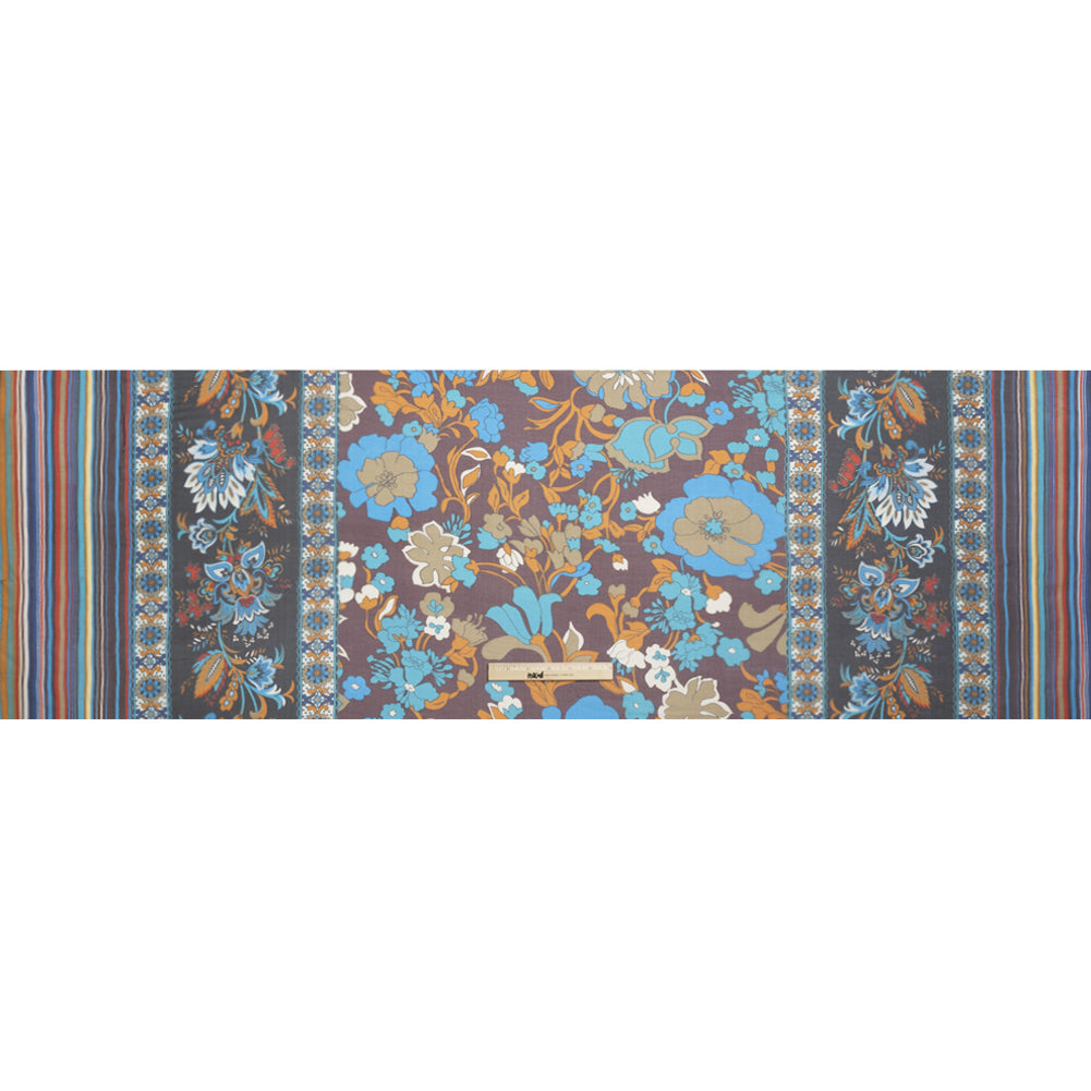 Blue, Orange and Aubergine Floral Stripes Silk Chiffon Drape Blue, Orange and Aubergine Floral Stripes Silk Chiffon Drape