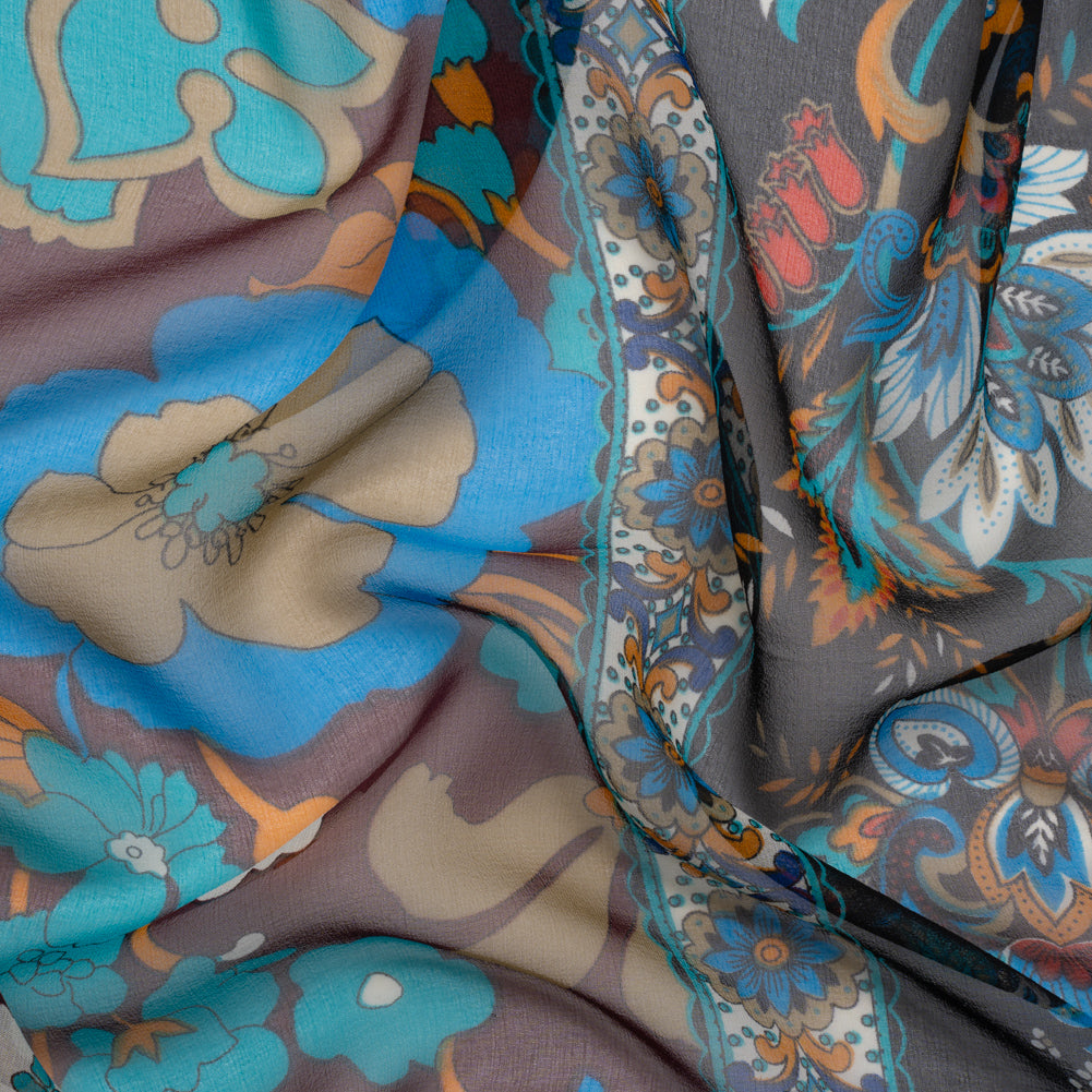 Blue, Orange and Aubergine Floral Stripes Silk Chiffon Blue, Orange and Aubergine Floral Stripes Silk Chiffon