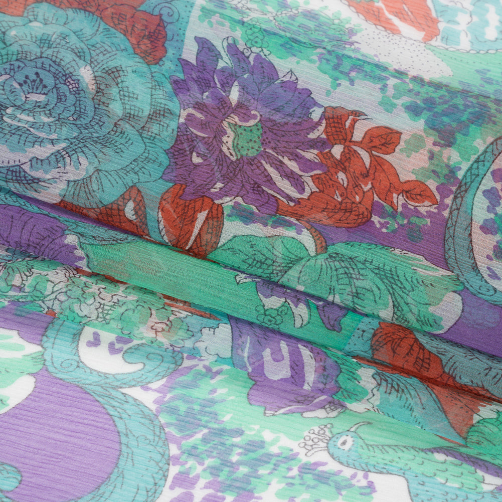 Mint, Purple and Turquoise Ornamental Gardens Crinkled Silk Chiffon Full Mint, Purple and Turquoise Ornamental Gardens Crinkled Silk Chiffon Full