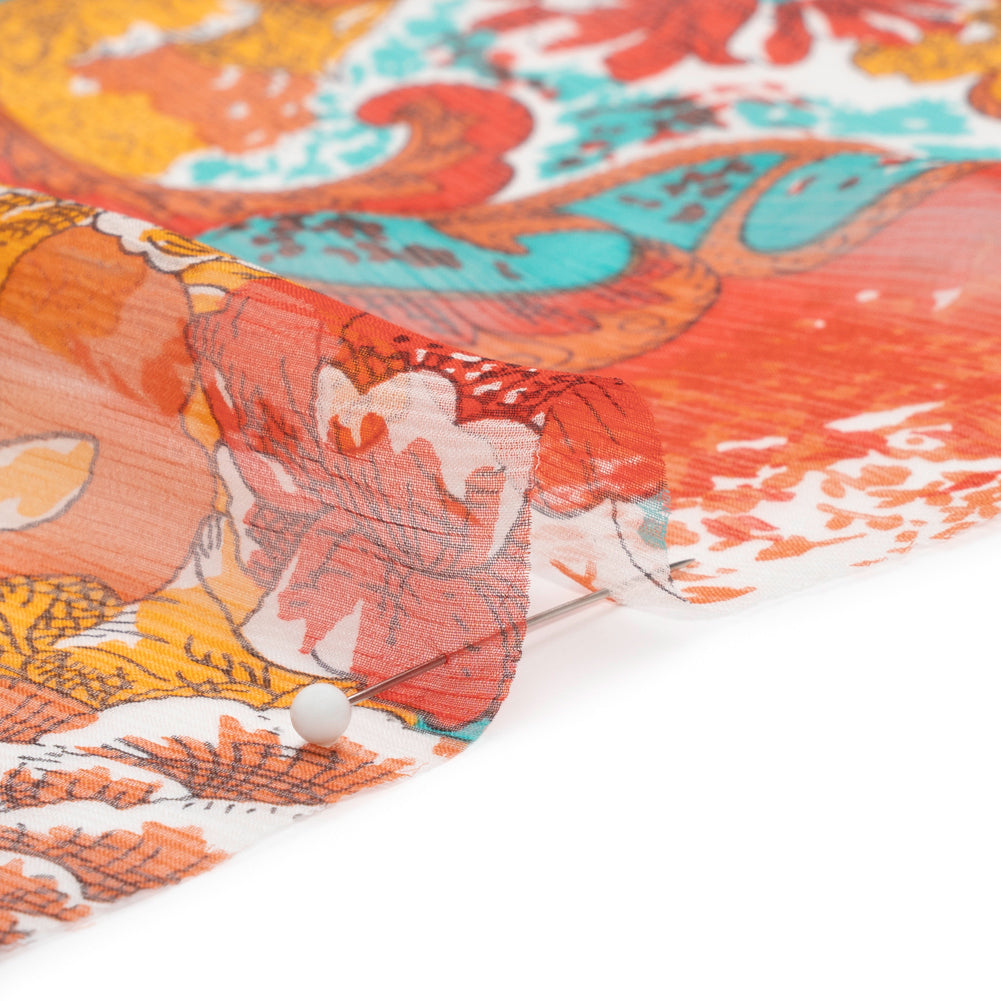 Turquoise, Peach and Orange Ornamental Gardens Crinkled Silk Chiffon Folded Turquoise, Peach and Orange Ornamental Gardens Crinkled Silk Chiffon Folded
