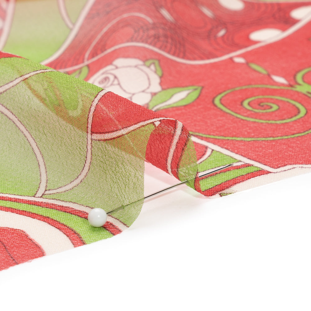 Red and Lime Geometry and Roses Silk Chiffon Folded Red and Lime Geometry and Roses Silk Chiffon Folded