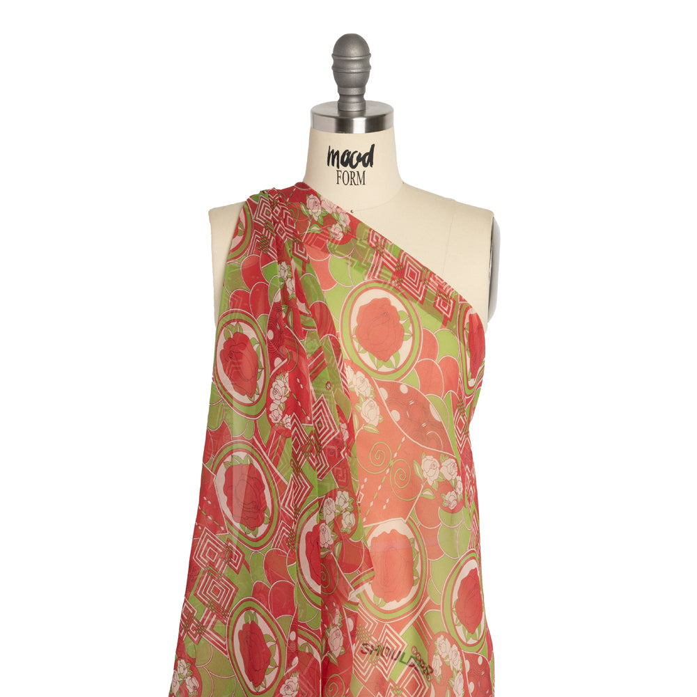 Red and Lime Geometry and Roses Silk Chiffon Detail Red and Lime Geometry and Roses Silk Chiffon Detail
