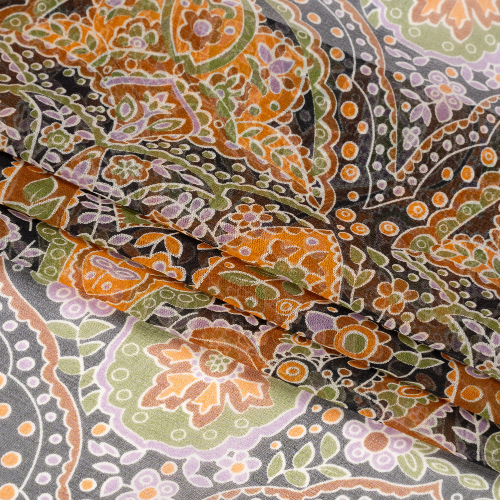 Brown, Green and Orange Floral Silk Chiffon Full Brown, Green and Orange Floral Silk Chiffon Full