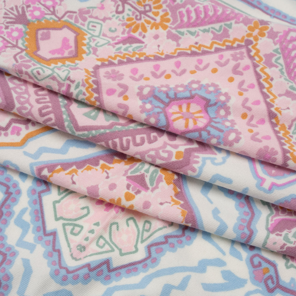 Stretch Polyester Jersey - Pale Pink, Baby Blue, and Golden Yellow Geometric Medallions Folded Stretch Polyester Jersey - Pale Pink, Baby Blue, and Golden Yellow Geometric Medallions Folded