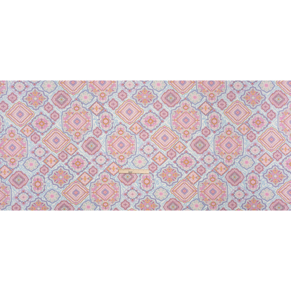 Stretch Polyester Jersey - Pale Pink, Baby Blue, and Golden Yellow Geometric Medallions Full Stretch Polyester Jersey - Pale Pink, Baby Blue, and Golden Yellow Geometric Medallions Full