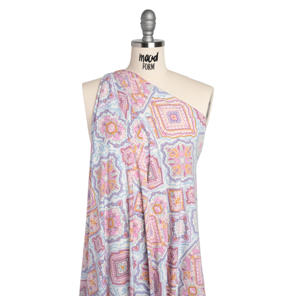 Stretch Polyester Jersey - Pale Pink, Baby Blue, and Golden Yellow Geometric Medallions Drape Stretch Polyester Jersey - Pale Pink, Baby Blue, and Golden Yellow Geometric Medallions Drape