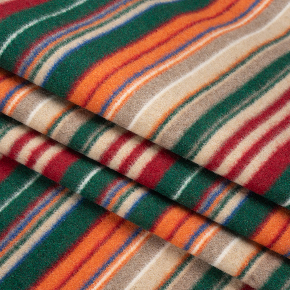Italian Tan, Green and Red Barcode Stripes Brushed Wool Blend Twill Folded Italian Tan, Green and Red Barcode Stripes Brushed Wool Blend Twill Folded