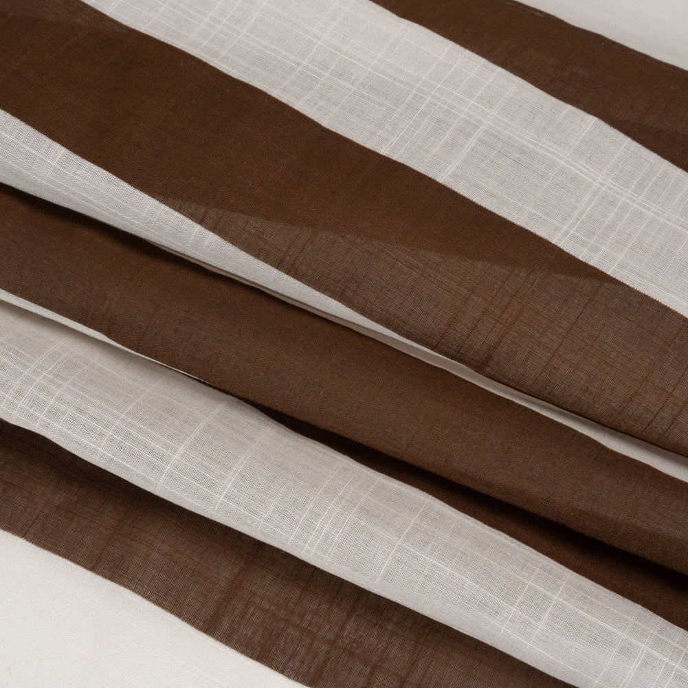 Famous Australian Designer Beige and Brown Awning Stripes Slubbed Cotton Voile Folded Famous Australian Designer Beige and Brown Awning Stripes Slubbed Cotton Voile Folded
