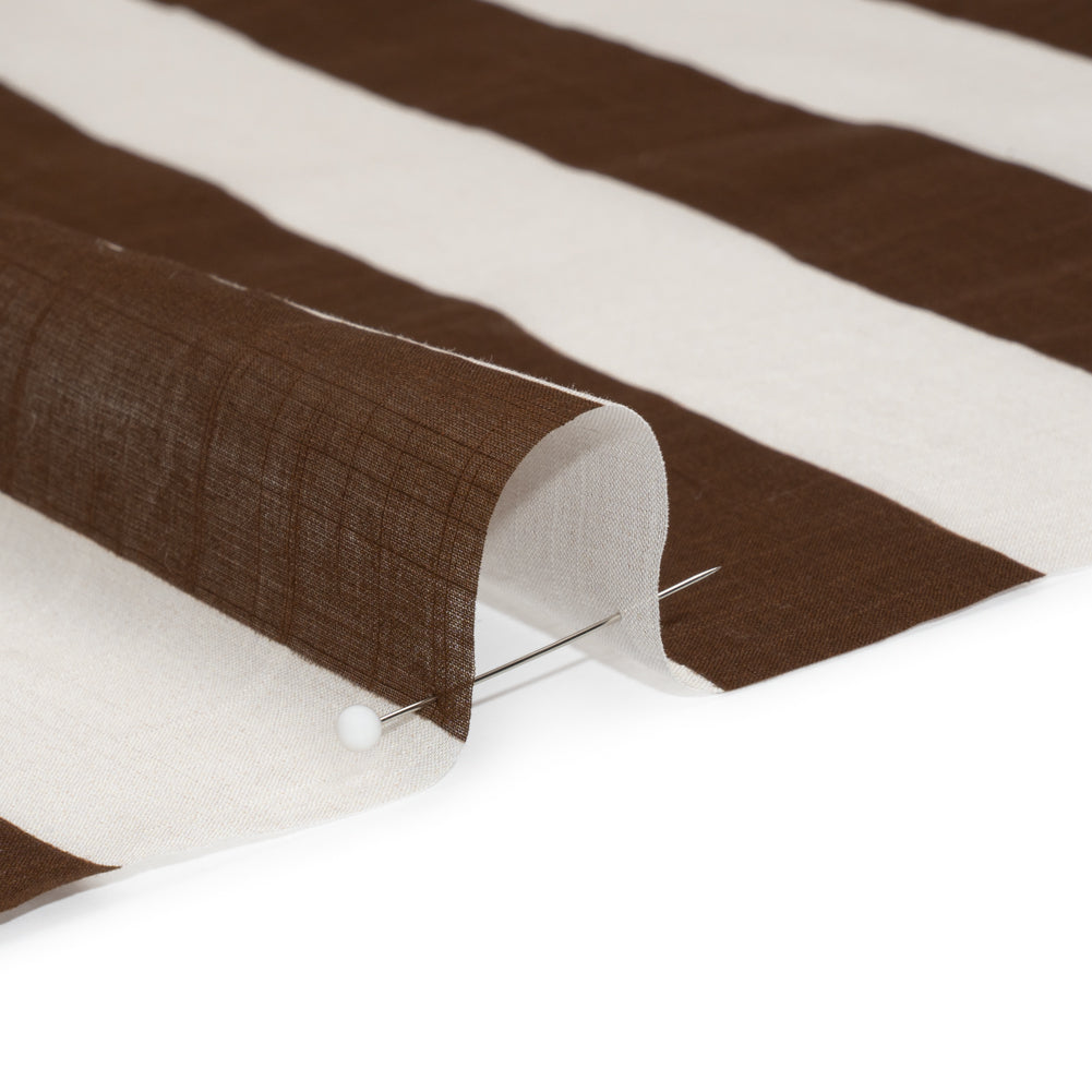 Famous Australian Designer Beige and Brown Awning Stripes Slubbed Cotton Voile Detail Famous Australian Designer Beige and Brown Awning Stripes Slubbed Cotton Voile Detail