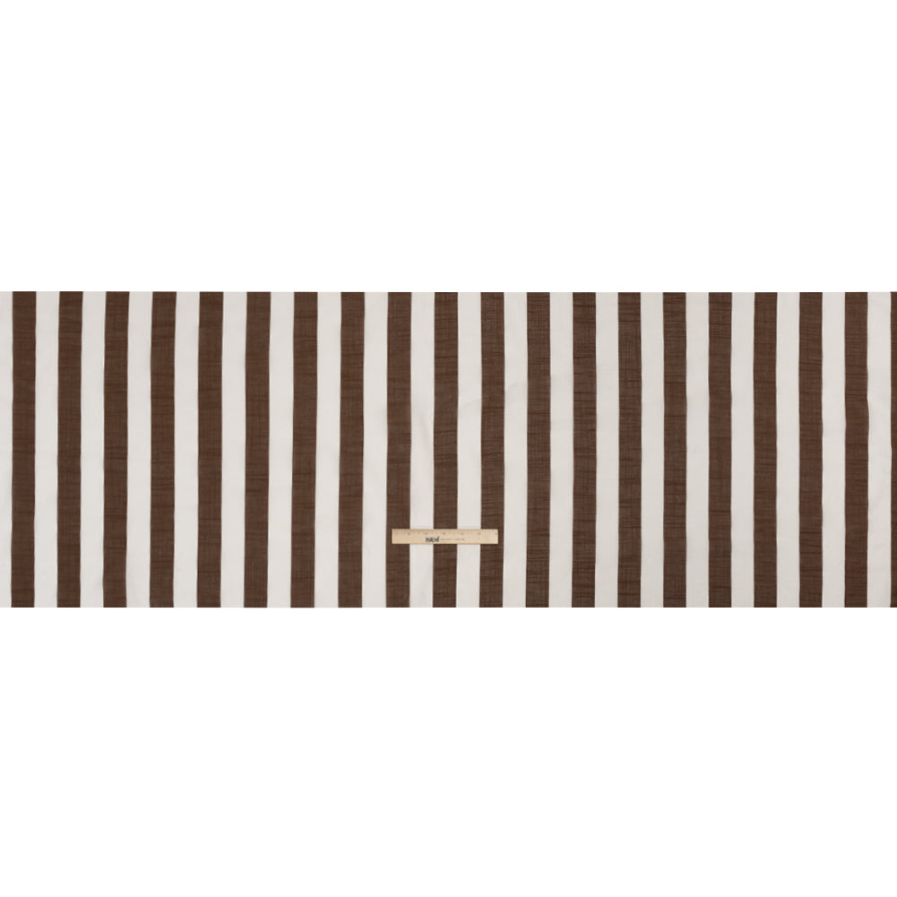 Famous Australian Designer Beige and Brown Awning Stripes Slubbed Cotton Voile Full Famous Australian Designer Beige and Brown Awning Stripes Slubbed Cotton Voile Full