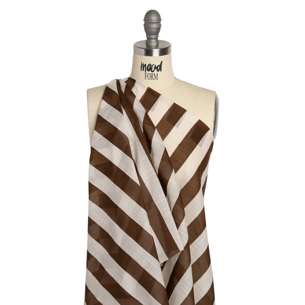 Famous Australian Designer Beige and Brown Awning Stripes Slubbed Cotton Voile Drape Famous Australian Designer Beige and Brown Awning Stripes Slubbed Cotton Voile Drape