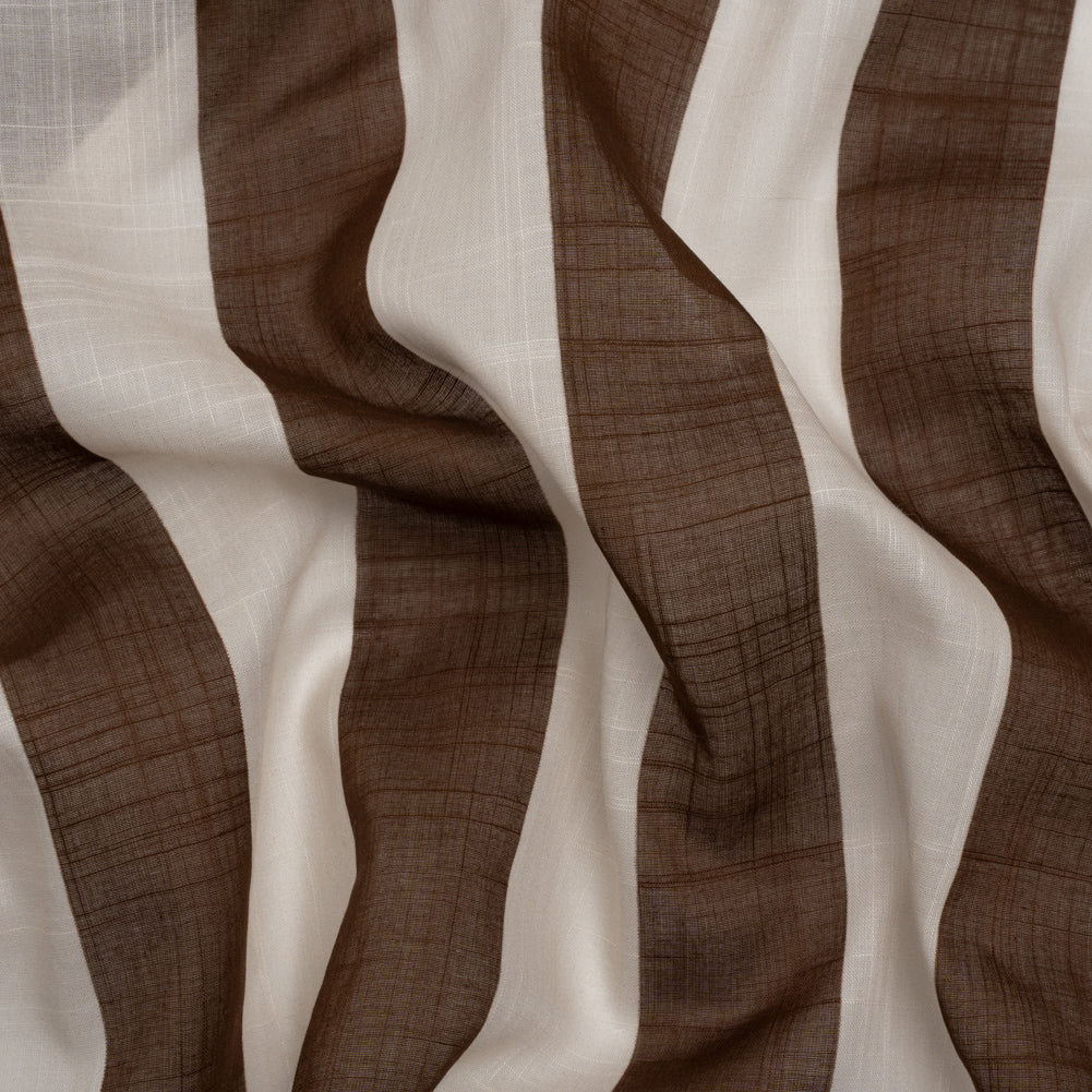Famous Australian Designer Beige and Brown Awning Stripes Slubbed Cotton Voile Famous Australian Designer Beige and Brown Awning Stripes Slubbed Cotton Voile