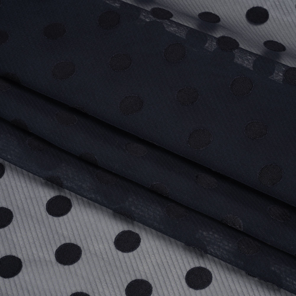 Famous Australian Designer Navy Polyester Chiffon with Satin Burnout Polka Dots Folded Famous Australian Designer Navy Polyester Chiffon with Satin Burnout Polka Dots Folded