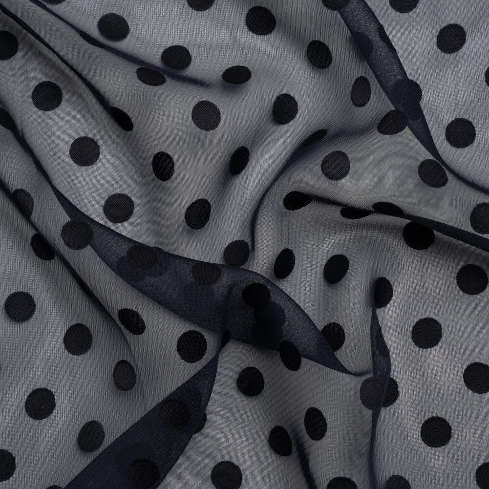 Famous Australian Designer Navy Polyester Chiffon with Satin Burnout Polka Dots Famous Australian Designer Navy Polyester Chiffon with Satin Burnout Polka Dots