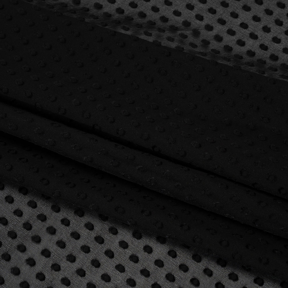 Famous Australian Designer Black Textured Burnout Polka Dots Silk and Viscose Georgette Folded Famous Australian Designer Black Textured Burnout Polka Dots Silk and Viscose Georgette Folded